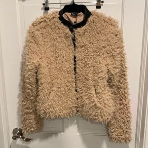 Love Token sherpa jacket leather trim teddy brown small XS pockets lined warm